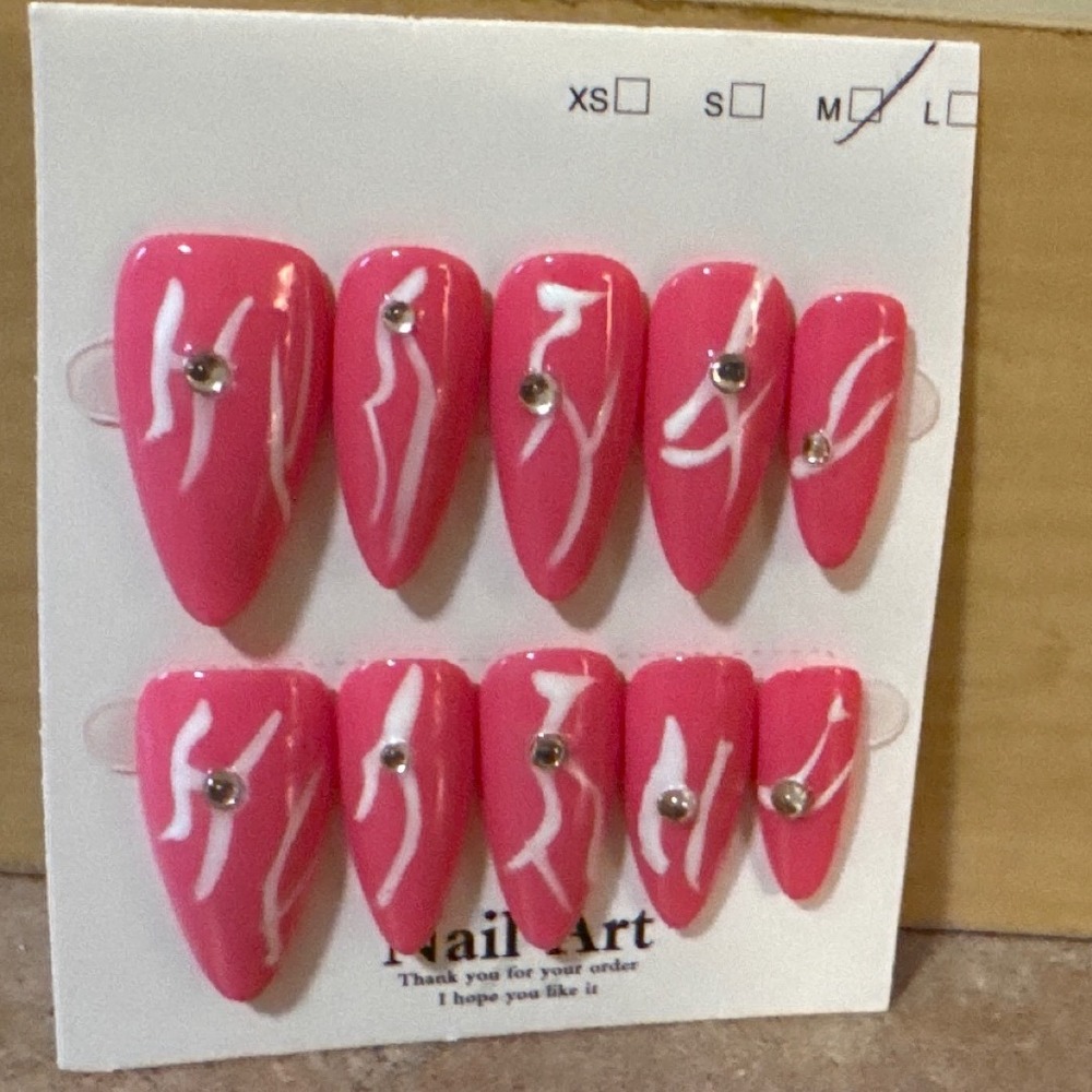 Pink Abstract Press On Nails Rhinestone Almond Shape Size Medium Nail Art Set